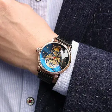 Montre Mécanique MG.ORKINA Boîtier Or Rose Squelette Hommes Bracelet Acier Inoxydable Occasions Spéciales