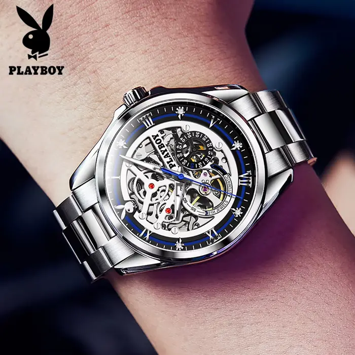 Montre de luxe masculine Playboy 3032 automatique squelette acier inoxydable résistante à l'eau pour hommes affaires décontractées occasions spéciales