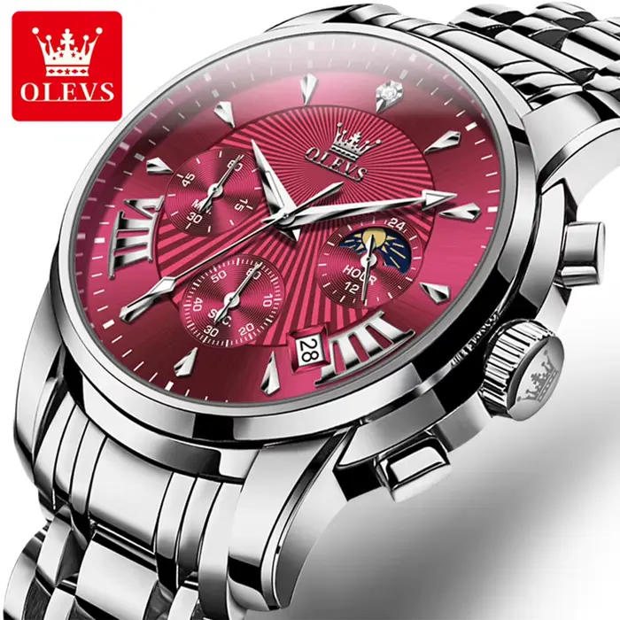 OLEVS marque mode montre rouge pour hommes de luxe Sport étanche en acier inoxydable chronographe montres à Quartz
