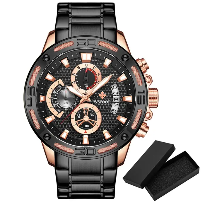 Wwoor-Montre à quartz en acier inoxydable doré pour homme