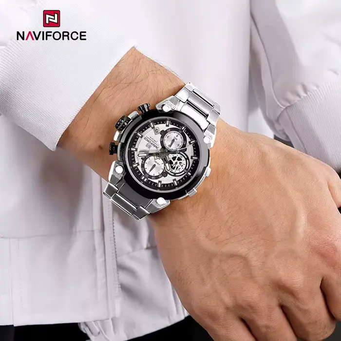 Montre Naviforce homme acier inoxydable avec affichage de la date et chronographe pour occasions spéciales et tenues de sport