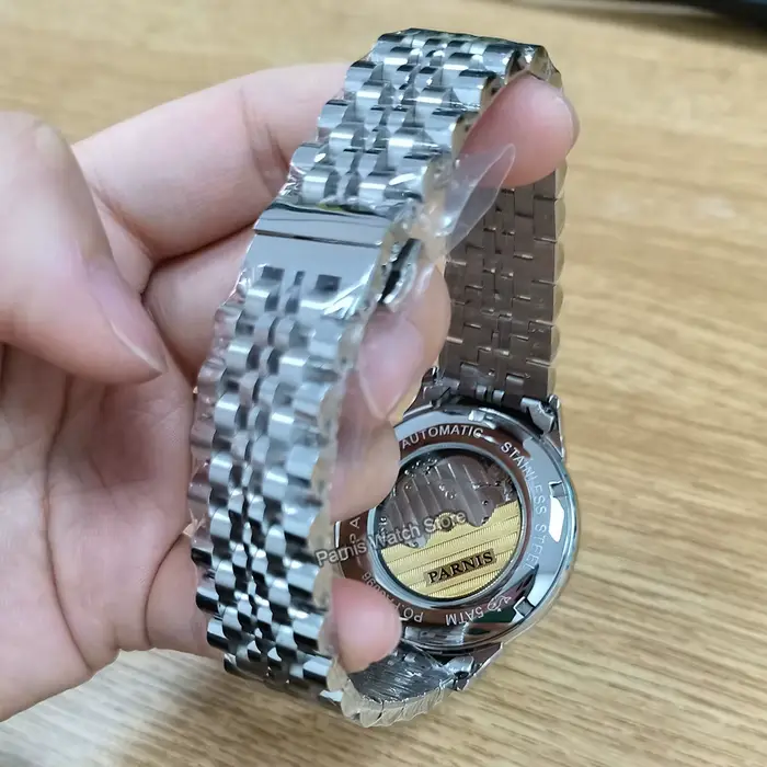 Parnis 42mm boîtier en argent cadran jaune automatique mécanique montre pour hommes réserve de marche calendrier