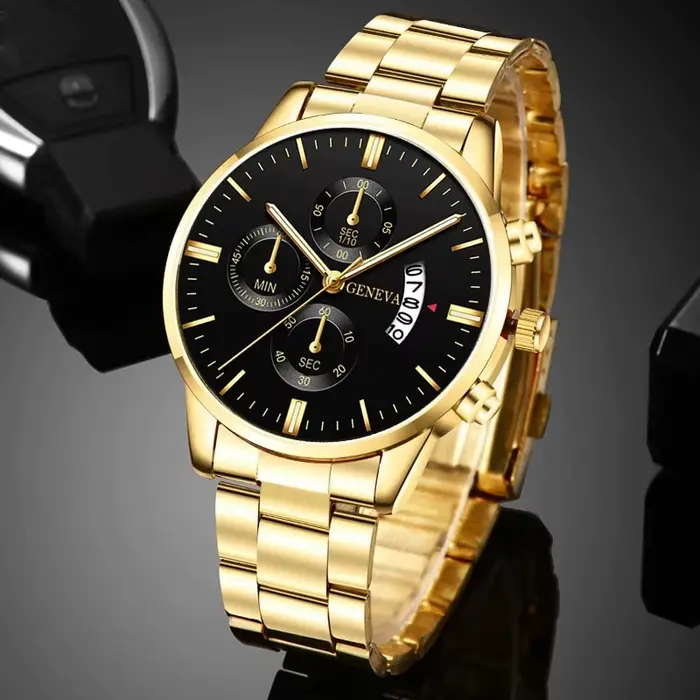 Montre-bracelet à quartz en acier inoxydable doré pour homme