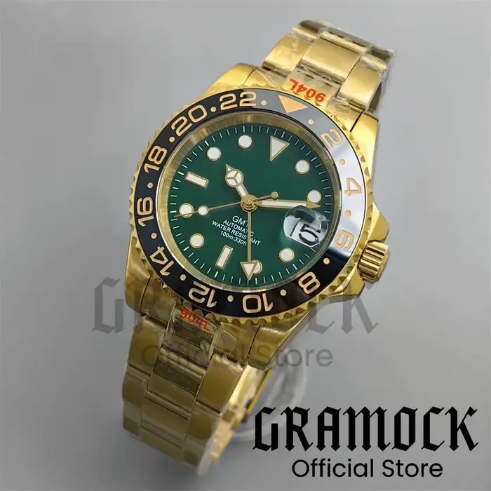 Montres Vintage personnalisées pour hommes, or jaune NH34, automatique, mécanique, cadran vert, lunette rotative, saphir, étanche, GMT