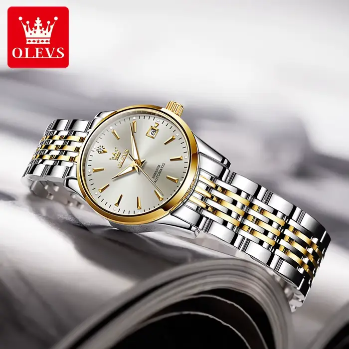 Montre femme automatique Olevs 6635 élégante avec bracelet acier inoxydable et mouvement mécanique pour diverses occasions