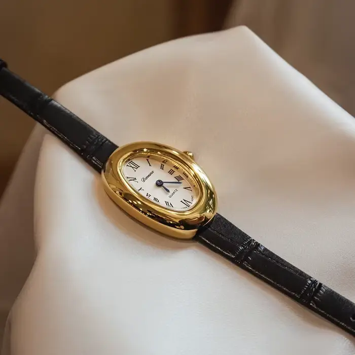 Montre Dimeina Femmes Quartz Forme Ovale Acier Inoxydable Bracelet Cuir Noir Occasions Spéciales