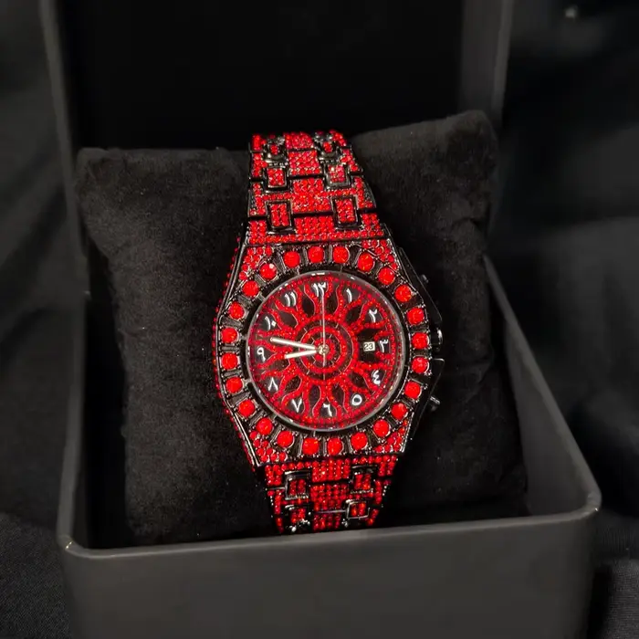 Montre homme diamant rouge PINTIME luxe quartz avec fermoir caché à bouton-poussoir pour homme occasions spéciales