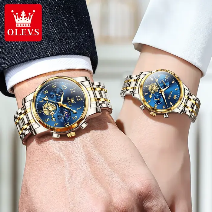 OLEVS marque 2025 nouveau luxe Tourbillon Couple montre à Quartz en acier inoxydable étanche lumineux mode Phase de lune montres amoureux