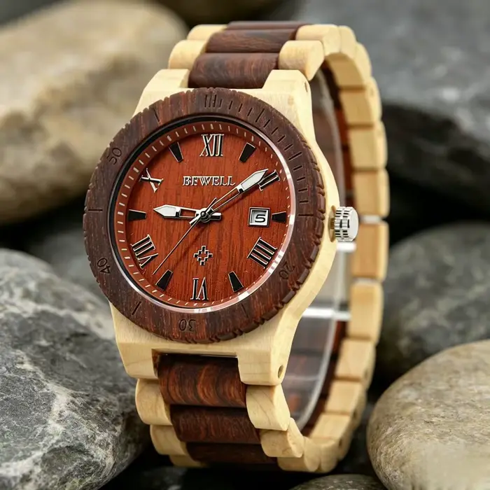 Montre Bracelet Homme en Bois Cadran Rond Faite Main Légère Date Lumineuse Quartz Occasions Spéciales Usage Journalier Décontracté