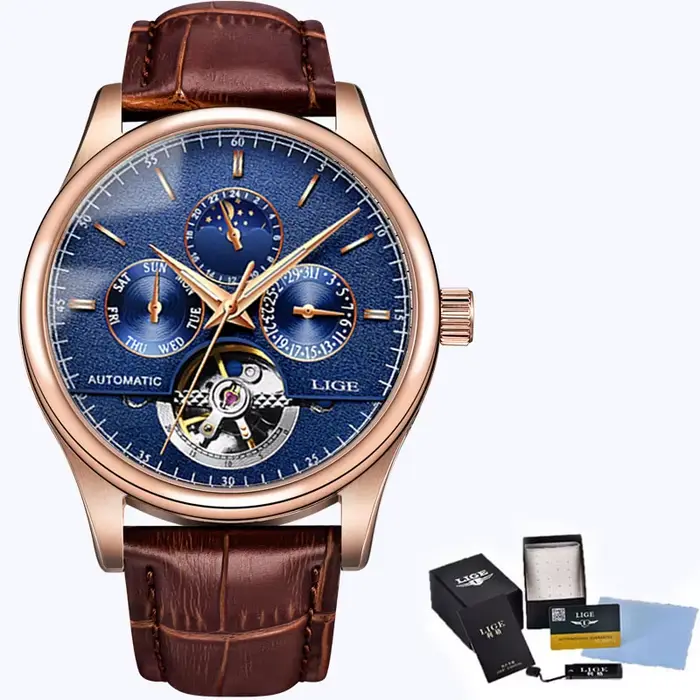 Montre-bracelet mécanique en cuir véritable étanche pour homme