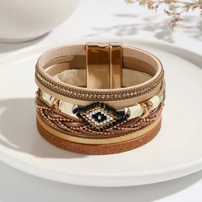 Bracelet en cuir multicouche tissé à la main pour femmes, boucle magnétique, large, perle de riz, œi