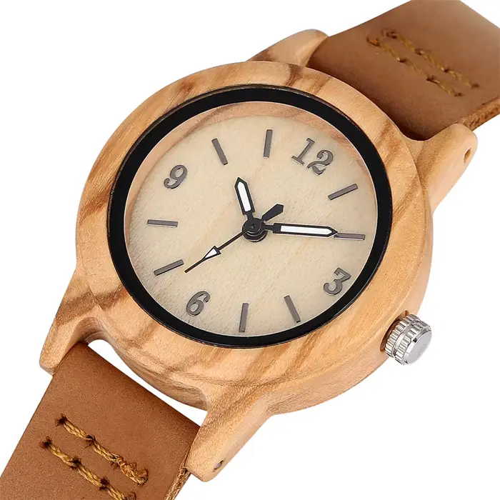 Montre en bois et cuir véritable marron pour femme