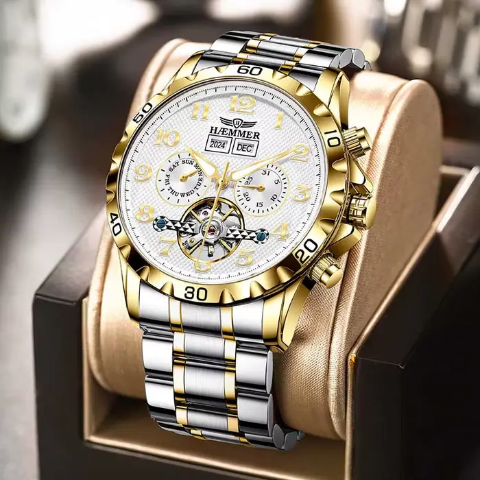 Montre mécanique multifonction automatique homme acier inoxydable résistante à l'eau avec calendrier et affichage semaine élégante multifonctionnelle pour homme occasions spéciales
