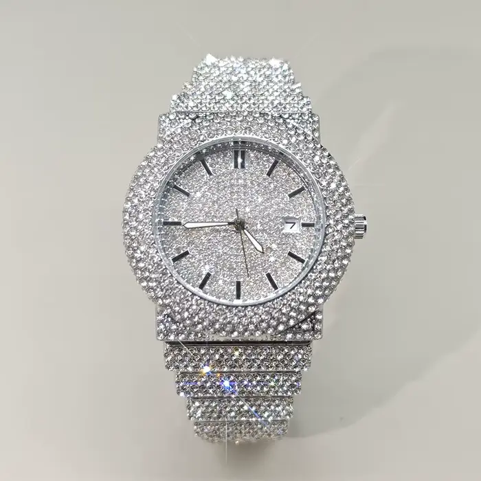 Montre de luxe homme acier inoxydable diamants glacés quartz élégante hip hop occasionnelle bronze café rose