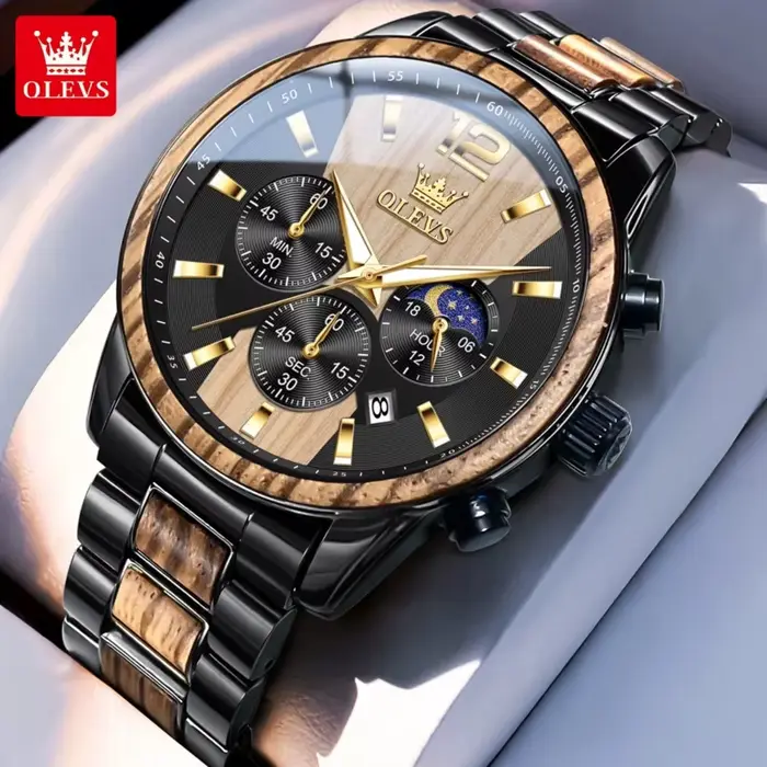 OLEVS 3645 hommes montre en bois de luxe veilleuse multifonctionnelle chronographe