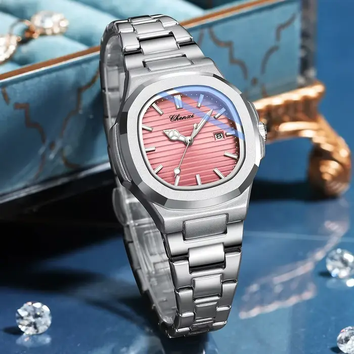 CHENXI 8222 montre à Quartz pour femme cadran rayé rose avec calendrier lumineux bracelet en acier inoxydable montre-bracelet pour fille cadeau