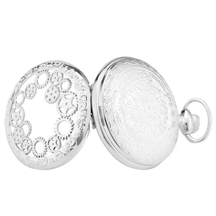 Montre de poche antique à engrenages creux argentée avec chaîne pour homme et femme occasions spéciales cadeau élégant