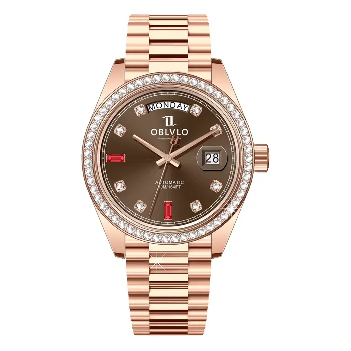 OBLVLO montre automatique de luxe pour hommes cadran marron Bracelet en or Rose Date diamant montres