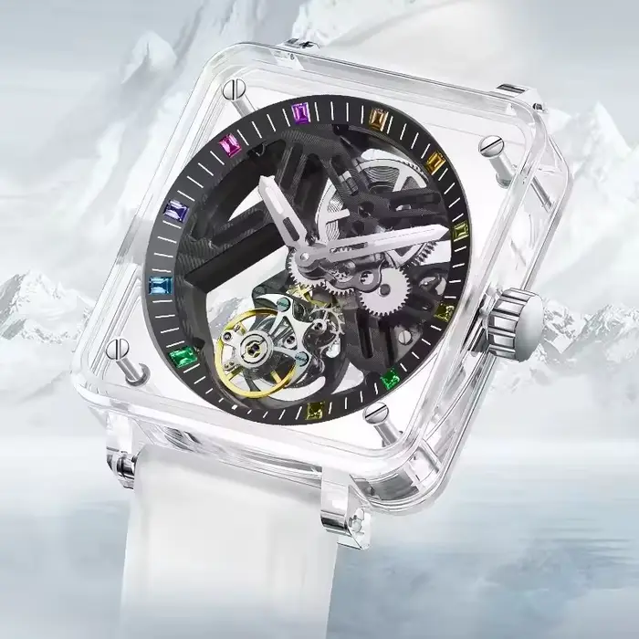 PINDU véritable Tourbillon mouvement saphir miroir hommes montres boîtier Transparent bracelet en caoutchouc étanche