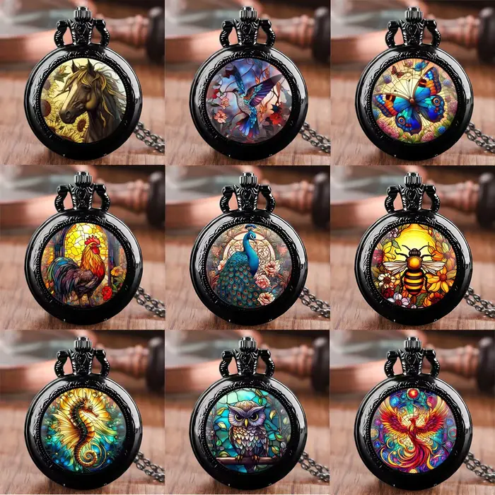 Vintage couleur peinture à l'huile Aniaml Quartz montre de poche collier pendentif cadeau idéal pour hommes