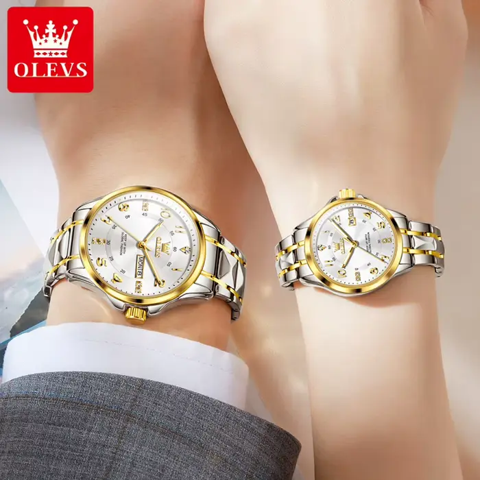 OLEVS 2910 luxe hommes femmes Couple montre double calendrier affichage étanche en acier inoxydable horloge or diamant