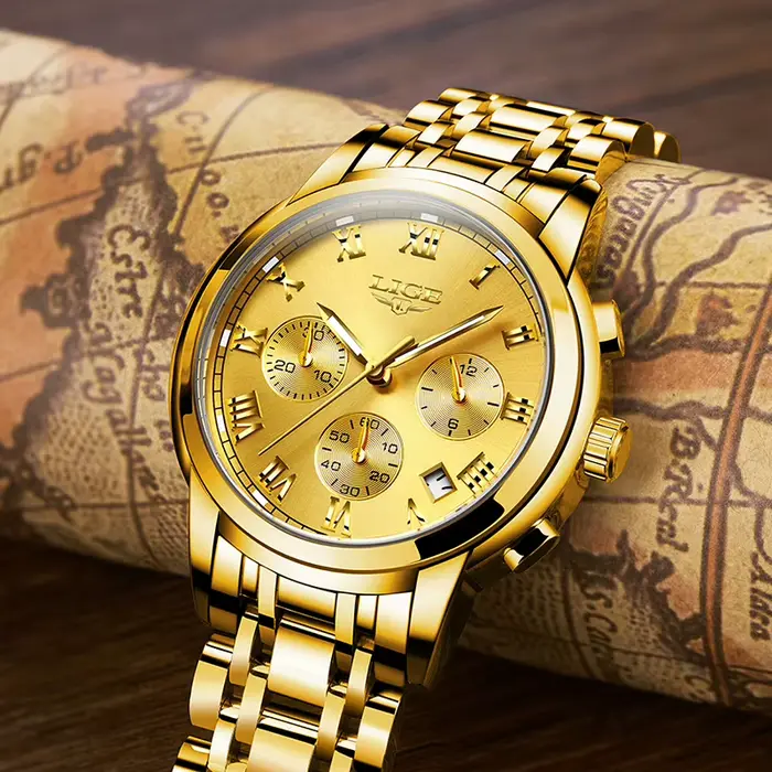 Montre de luxe en acier inoxydable LIGE pour homme avec fonction date automatique et résistance à l'eau pour diverses occasions