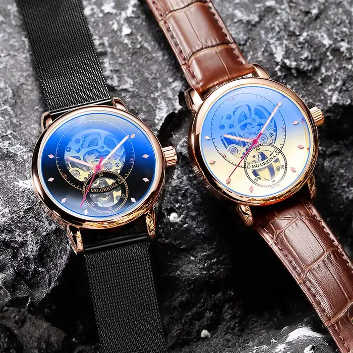 Montre Mécanique MG.ORKINA Boîtier Or Rose Squelette Hommes Bracelet Acier Inoxydable Occasions Spéciales