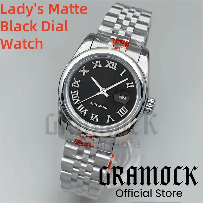 Gramock 31mm montre-bracelet mécanique NH05 pour femme cadran noir mat marque romaine argent/or ronde Beze lSteel montres pour femmes