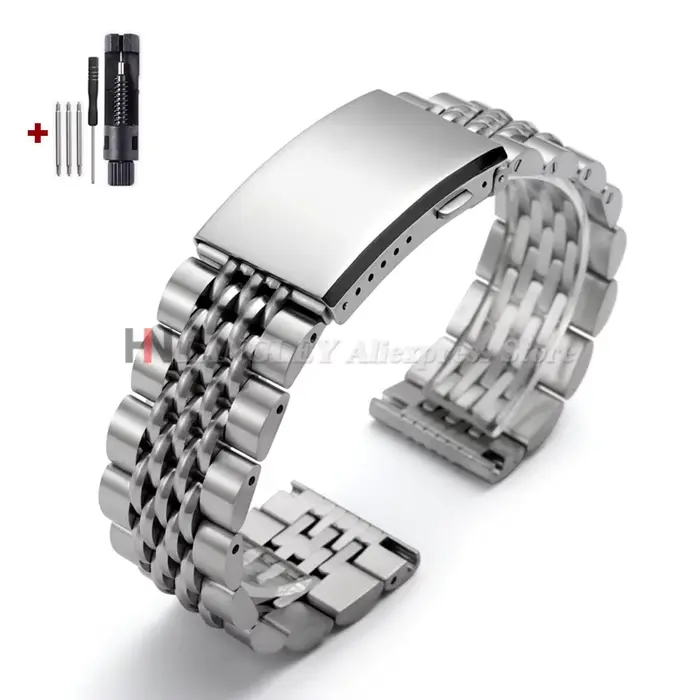 Bracelet de montre en acier inoxydable massif, extrémités droites/courbes, 20 mm 22 mm, maillons à v