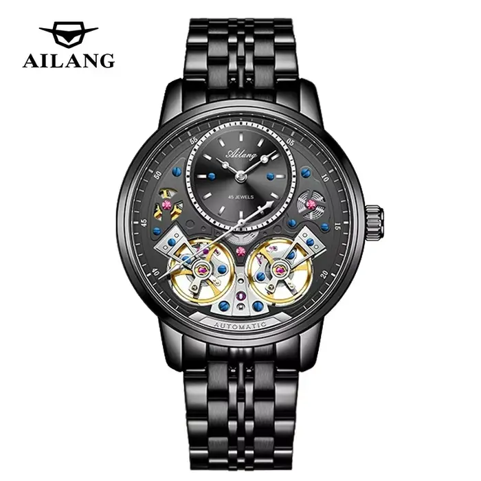 AILANG Montre mécanique automatique à double tourbillon pour hommes, cadran squelette, acier inoxyda