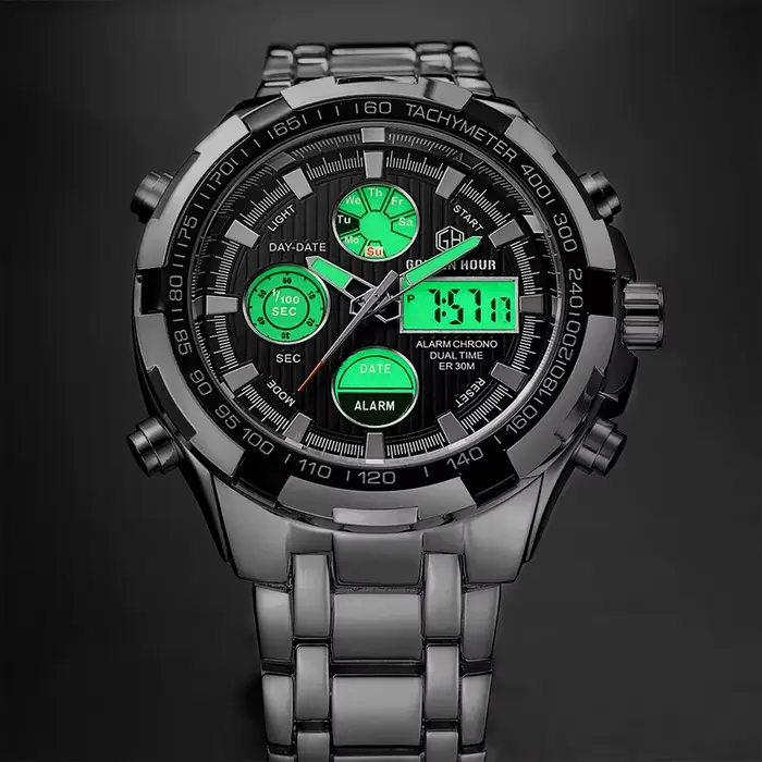 GOLDEN HOUR Top marque de luxe hommes montres affaires Quartz décontracté double affichage montre lumineuse avec Chronoraph Date montre-bracelet