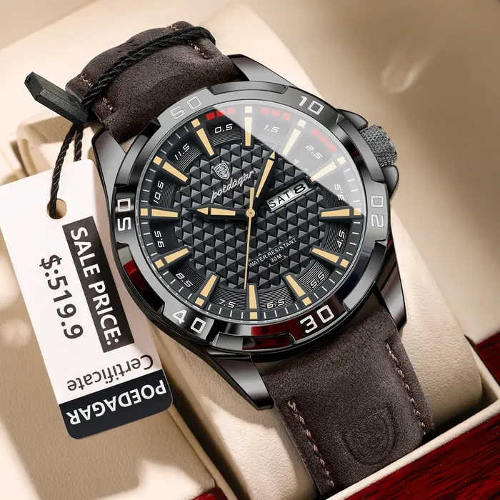 POEDAGAR Original homme montre-bracelet haut de gamme étanche lumineux Date semaine montre pour hommes Quartz Sport cuir