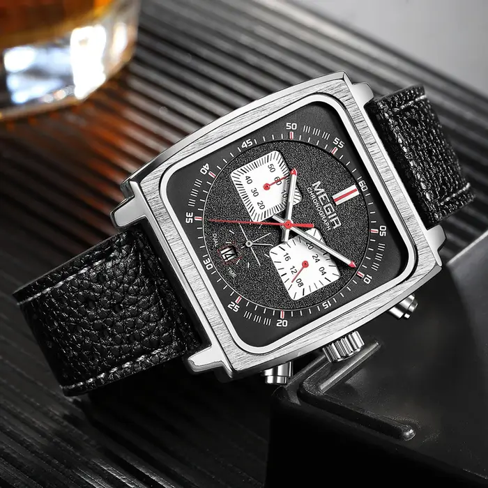 MEGIR cadran carré chronographe montres à Quartz pour hommes mode bracelet en cuir bleu montre-bracelet de Sport décontractée avec Date 24 heures 2182