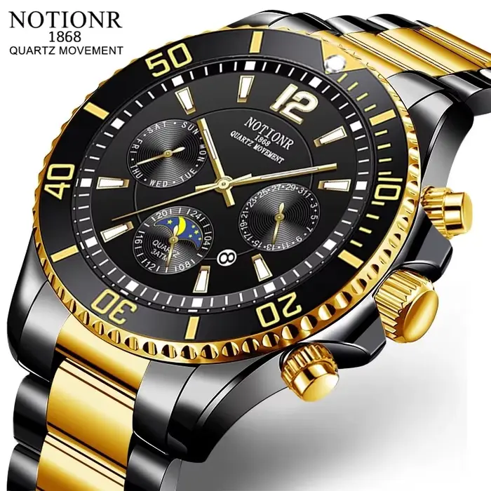 Montre en acier inoxydable Notionr à quartz avec mains lumineuses et calendrier complet pour homme mode et décontracté