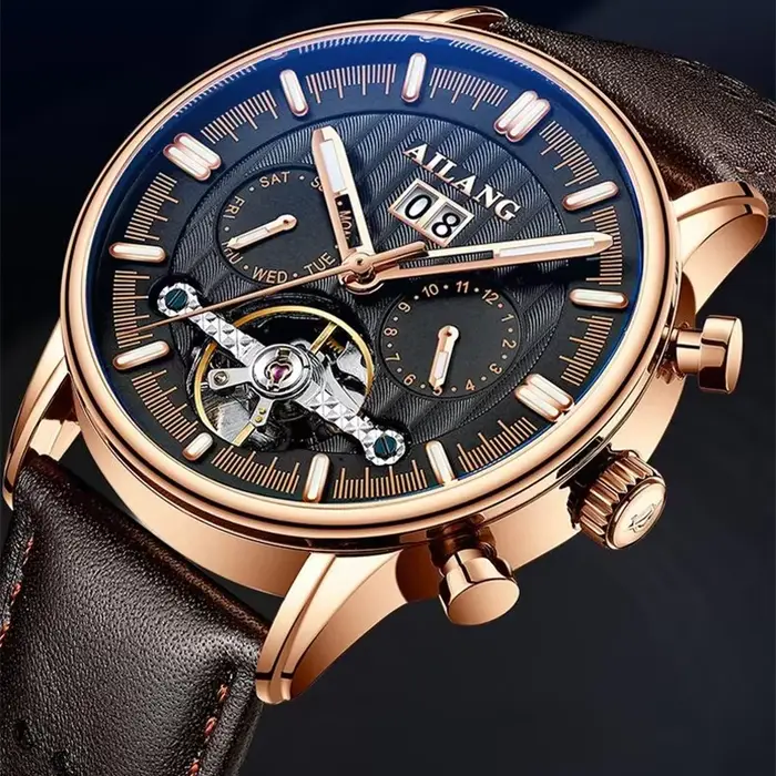 Montre Daniel Gorman Automatique à Tourbillon avec Bracelet en Cuir pour Hommes Occasions Spéciales Affaires Mode