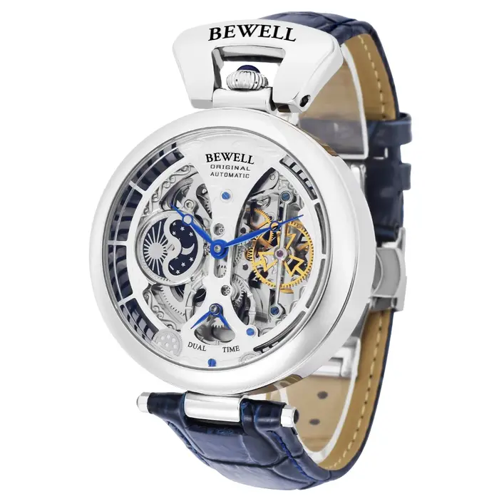 Montre mécanique automatique avec coque arrière transparente et bracelet en cuir véritable pour homme, résistance à l'eau, affichage analogique-digital, fermoir à boucle déployante