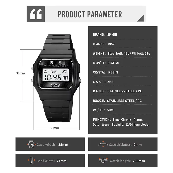 SKMEI Chrono Montre Numérique Pour Hommes Femmes Casual