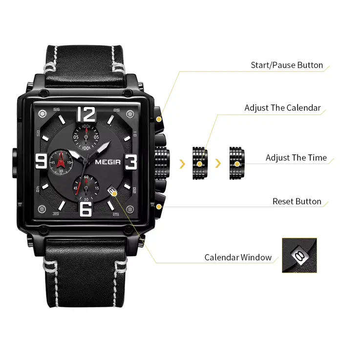 MEGIR Original mode carré montres à Quartz hommes sport militaire Montre-bracelet calendrier étanche chronographe mâle Montre Homme