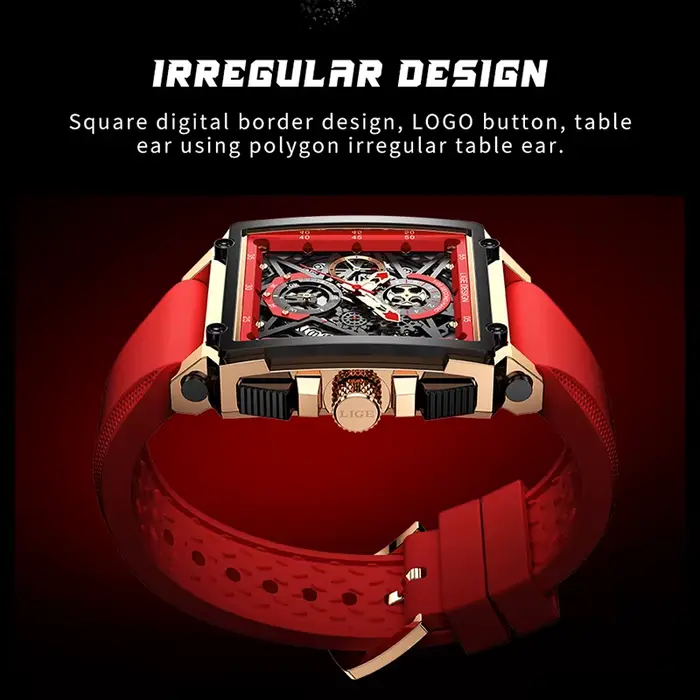 Montre sportive homme hollow carrée résistante à l'eau avec bracelet silicone et mouvement quartz haute précision occasions spéciales