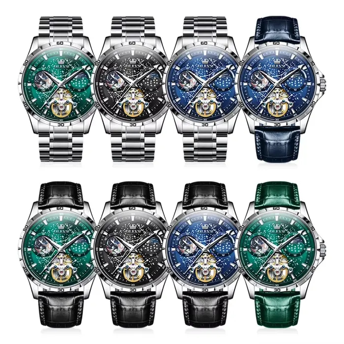 Montre Mécanique OLEVS avec Cadran Vert et Phase de Lune Élégante Bracelet en Cuir pour Hommes Occasions Spéciales Étanche Ciel Étoilé Tourbillon