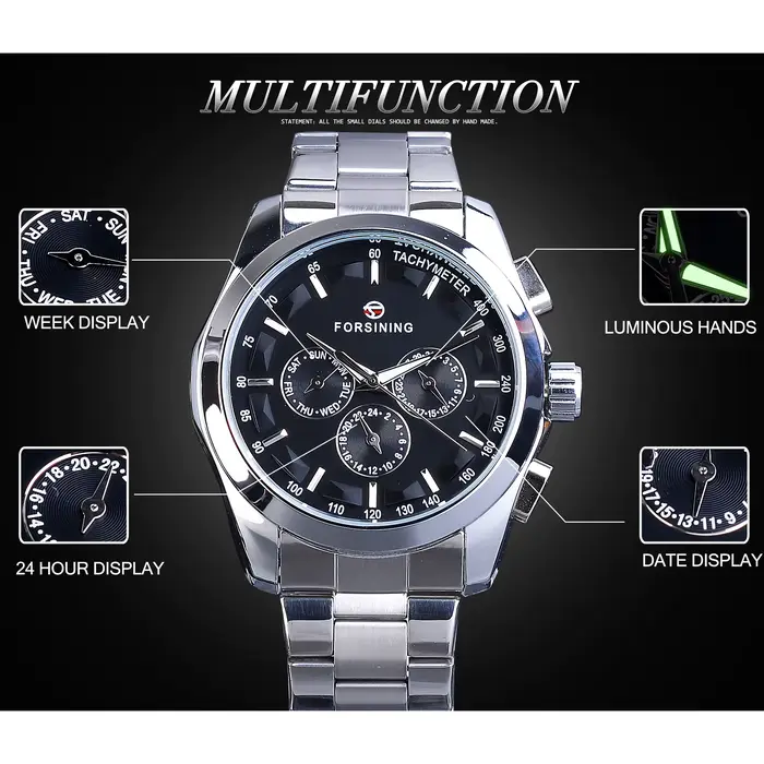 Montre Forsining Business Style automatique homme cadran noir avec calendrier complet pour hommes élégants occassions professionnelles et décontractées