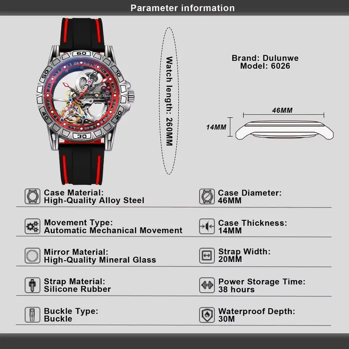 Dulunwe montre mécanique pour hommes 46MM fenêtre cadran creux remontage automatique mode rouge sport 30M