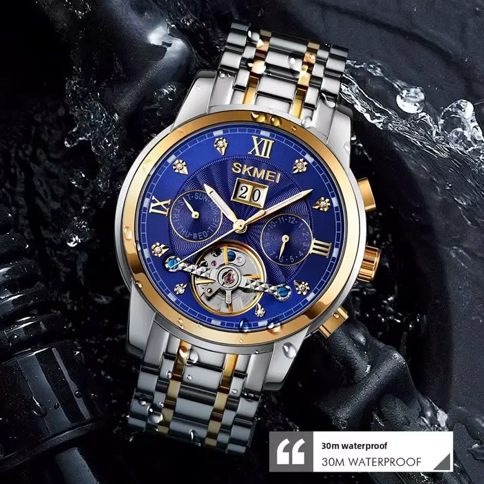 Montre squelette automatique lumineuse résistante à l'eau avec bracelet en acier inoxydable pour hommes affaires et sorties week-end