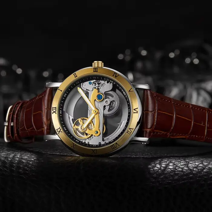 Montres-bracelets mécaniques pour hommes montres pont doré squelette automatique mécanique montre