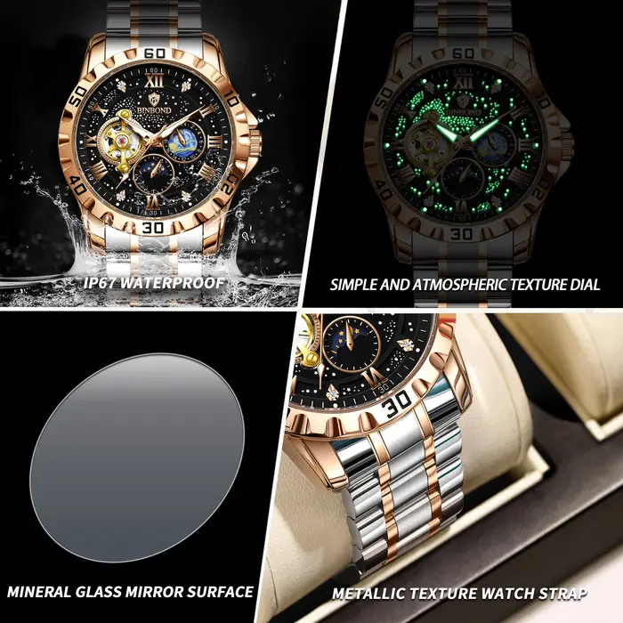 BINBOND nouveau luxe hommes montre mécanique automatique Phase de lune