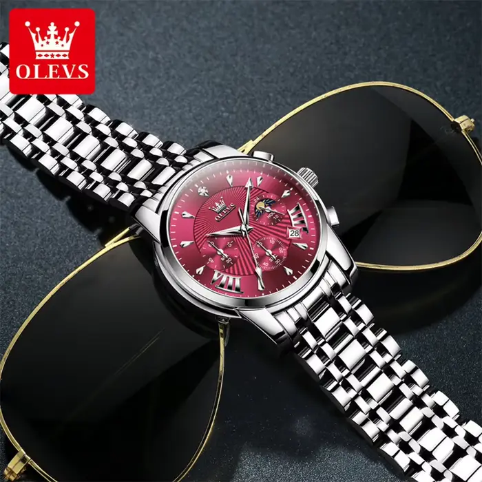 OLEVS marque mode montre rouge pour hommes de luxe Sport étanche en acier inoxydable chronographe montres à Quartz