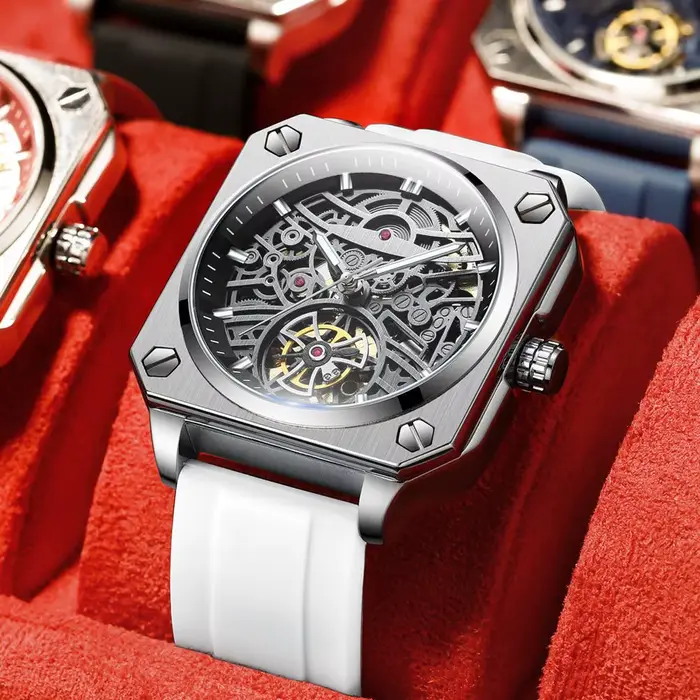 Montre mécanique squelette BLUO en acier inoxydable pour homme, résistante à l'eau et lumineuse, idéale pour les affaires et les soirées élégantes