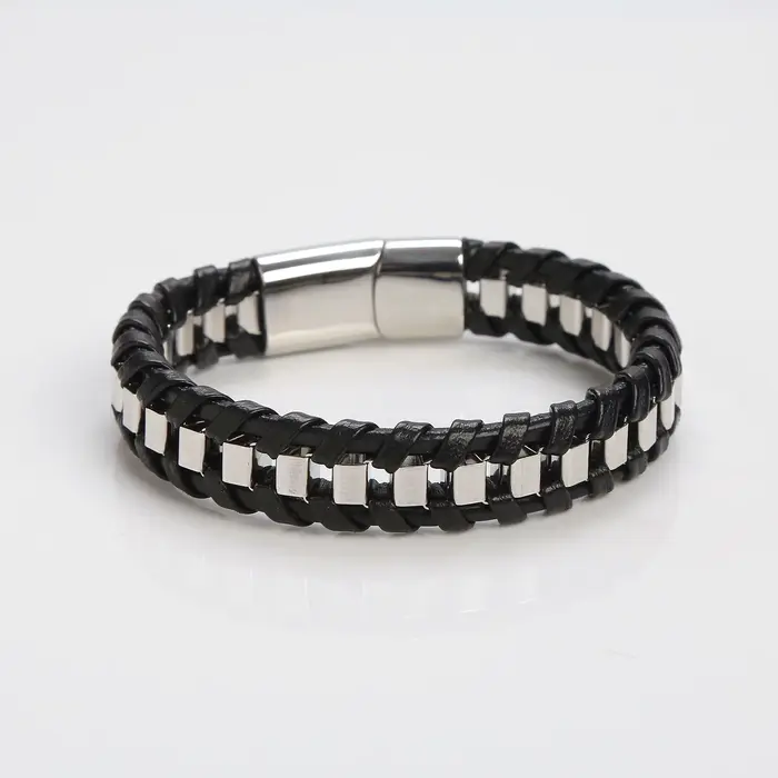 Bracelets classiques en cuir et acier inoxydable tissés à la main pour hommes, couleur or noir, bijo