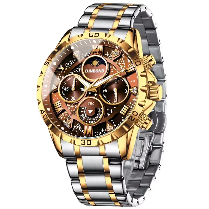 BINBOND luxe mode hommes montres multi-fonctionnel en acier inoxydable Original Quartz montre-bracelet Phase de lune chronographe étanche