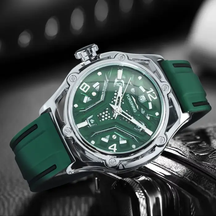 Montre Squelette Forsining pour Homme Bracelet en Caoutchouc Vert Montre Mécanique Automatique Style Professionnel Lumineuses Calendrier Occasions Spéciales Aventures Journées Relaxantes
